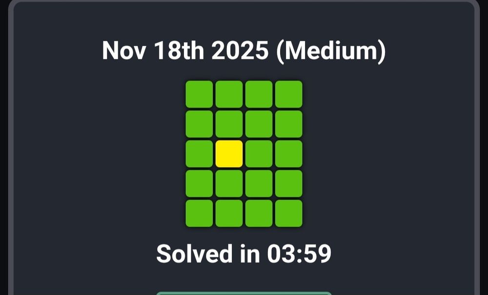CluesBySam.com results for
Nov 18th 2025
Rated: Medium

4x5 grid with 19 green squares and one yellow!

Solved in 03:59

(I misread a clue and guessed a COLUMN 2 response instead of the ROW  2 response intended.)