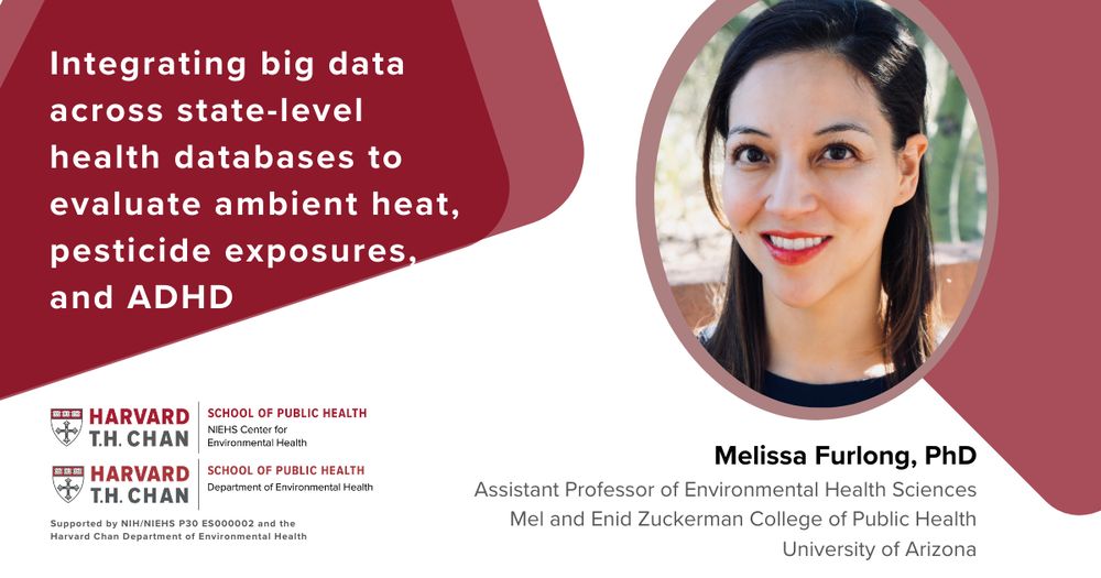 Melissa Furlong, PhD, event graphic for "Integrating big data across state-level health databases to evaluate ambient heat, pesticide exposures, and ADHD."