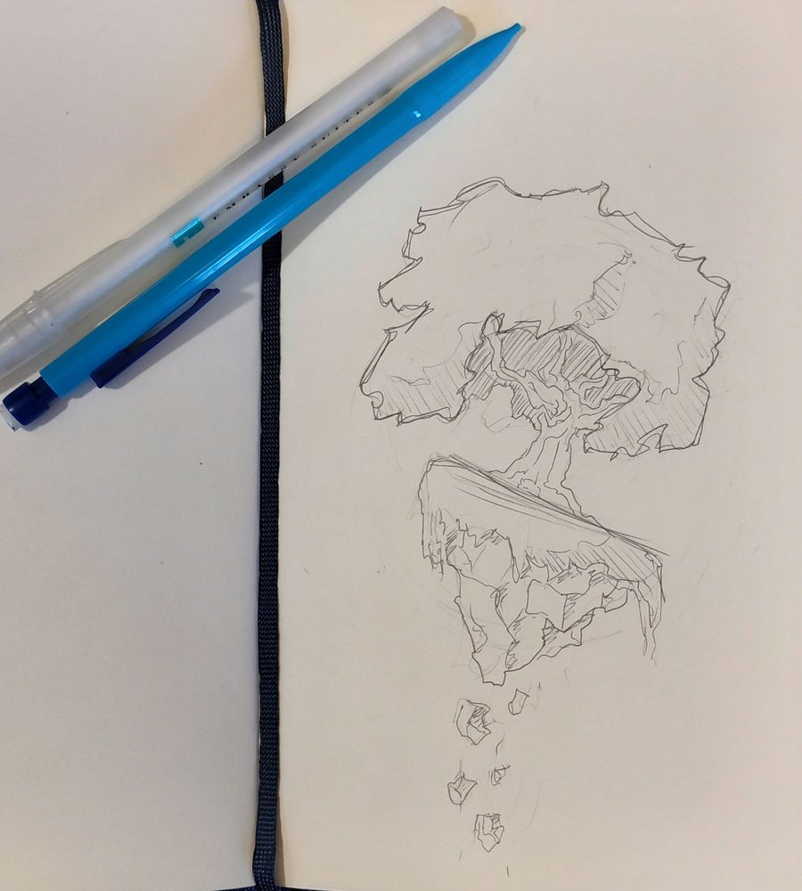 Pen sketch of a tree on tiny floating island 