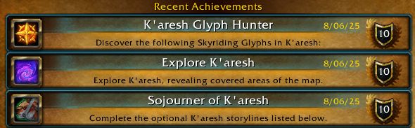 World of Warcraft screenshot showing three achievements:
- K'aresh Glyph Hunter
- Explore K'aresh
- Sojourner of K'aresh