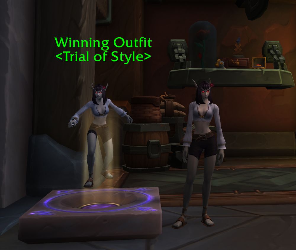 World of Warcraft Screenshot. Player standing next to a mannequin both wearing the same outfit.

The outfit: Dark shorts, brown belt, brown sandals. White frilly pirate-esque crop-top with long sleeves.
