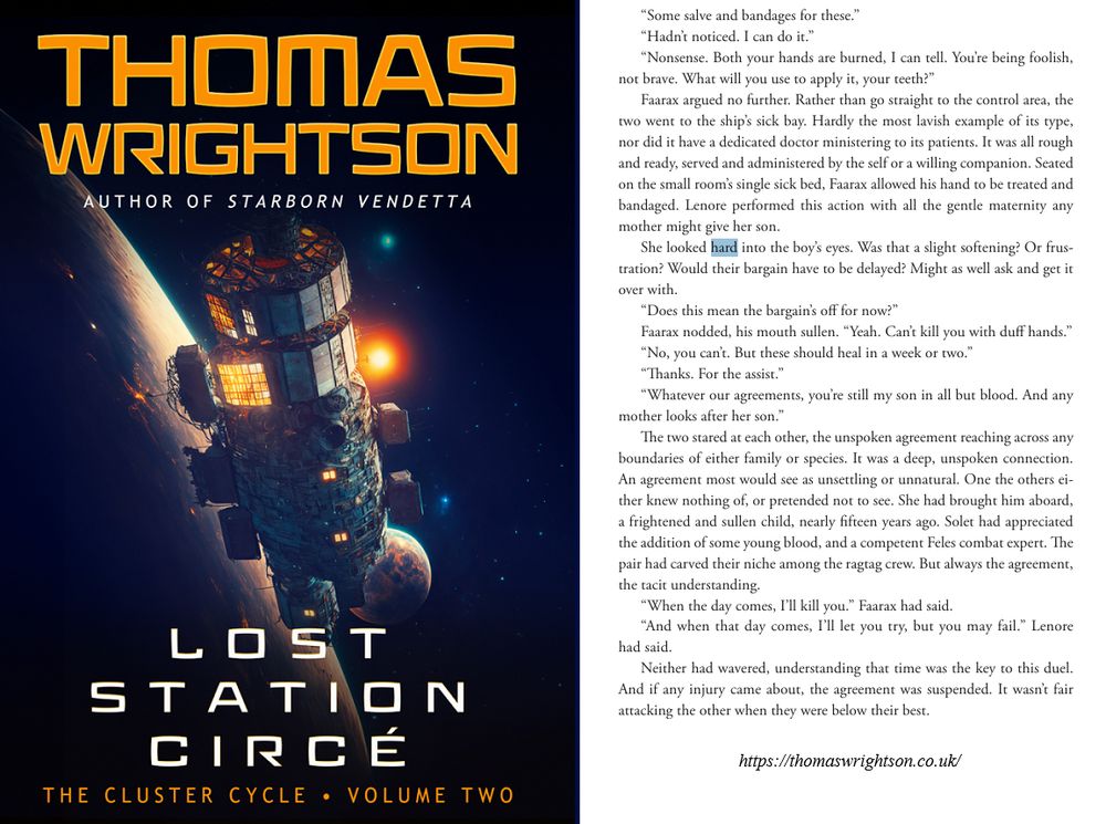  “Some salve and bandages for these.”
 “Hadn’t noticed. I can do it.”
 “Nonsense. Both your hands are burned, I can tell. You’re being foolish, 
not brave. What will you use to apply it, your teeth?”
 Faarax argued no further. Rather than go straight to the control area, the two went to the ship’s sick bay. Hardly the most lavish example of its type, nor did it have a dedicated doctor ministering to its patients. It was all rough and ready, served and administered by the self or a willing companion. Seated on the small room’s single sick bed, Faarax allowed his hand to be treated and bandaged. Lenore performed this action with all the gentle maternity any mother might give her son.
 She looked hard into the boy’s eyes. Was that a slight softening? Or frustration? Would their bargain have to be delayed? Might as well ask and get it over with.
 “Does this mean the bargain’s off for now?”
 Faarax nodded, his mouth sullen. “Yeah. Can’t kill you with duff hands.”
 “No, you can’t. But these should heal in a week or two.”
 “Thanks. For the assist.”
 “Whatever our agreements, you’re still my son in all but blood. And any 
mother looks after her son.”
 The two stared at each other, the unspoken agreement reaching across any boundaries of either family or species. It was a deep, unspoken connection. An agreement most would see as unsettling or unnatural. One the others either knew nothing of, or pretended not to see. She had brought him aboard, a frightened and sullen child, nearly fifteen years ago. Solet had appreciated the addition of some young blood, and a competent Feles combat expert. The pair had carved their niche among the ragtag crew. But always the agreement, the tacit understanding.
 “When the day comes, I’ll kill you.” Faarax had said.
 “And when that day comes, I’ll let you try, but you may fail.” Lenore had said.