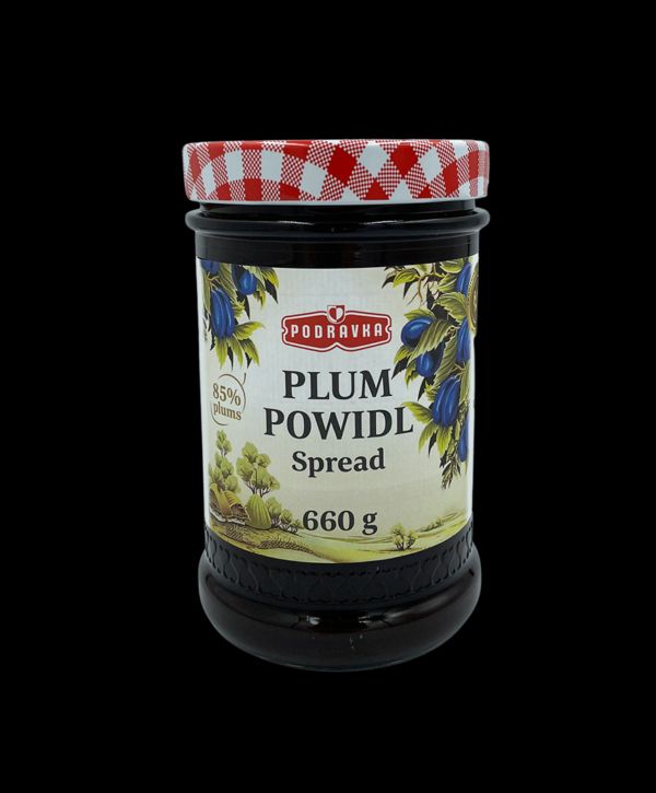 Photo of a jar of podravka brand plum powidl spread.  The label features dark blue plums, and a green landscape. 85% plums is written on the label.  660g. The metal lid has a gingham type pattern printed on it.  The plum-spread contents of the jar seen through the glass is dark.