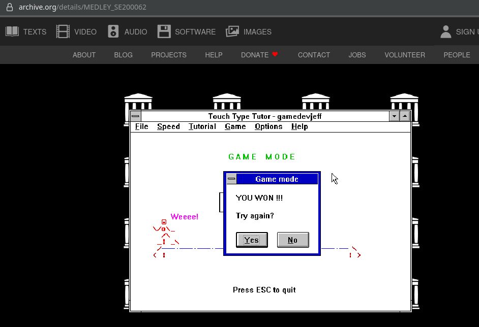 a screenshot of Touch Type Tutor for Windows 3.1, with the player winning GAME MODE.  An ASCII character model is exclaiming "Weeee!""