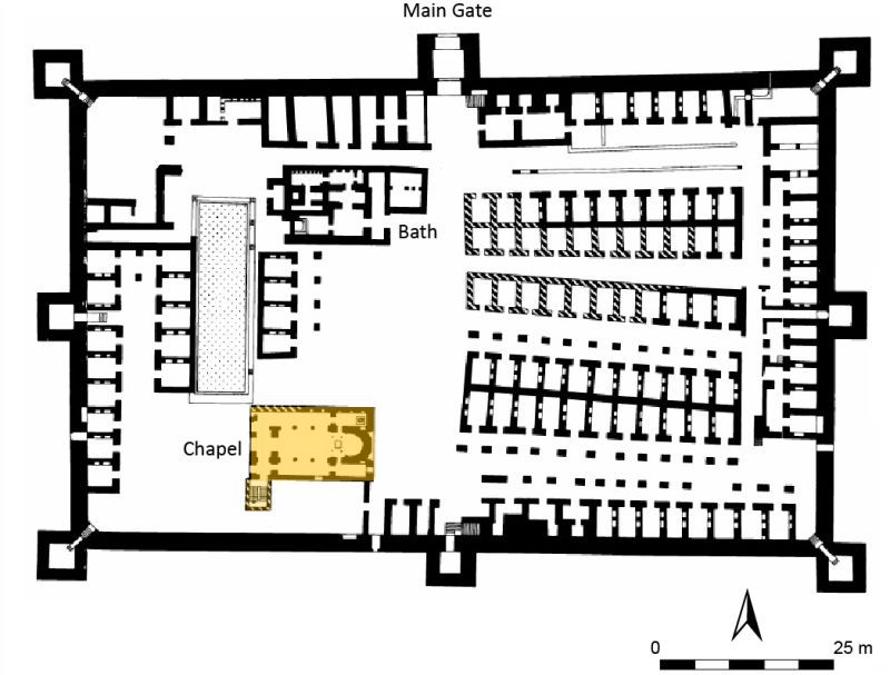 Plan de la forteresse de Thamugadi, avec une chapelle mise en évidence en jaune.