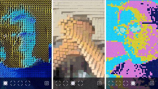 Animated gif showing 3 moving portraits of the author filtered in different ways: made of blue and yellow lines, made of 3d cubes, and made of colorful dots.