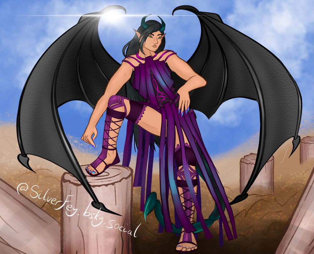 fullbody illustration of a winged tiefling with a scorpion tail. They have long black hair and wear an elaborate iridescent dress made of leather strips in purple and teal.