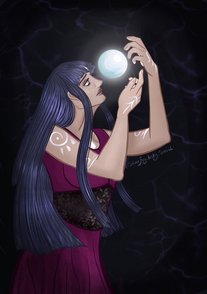 halfbody illustration of a gloomy woman looking up at a crystal ball. She has straight raven hair and white markings across her skin