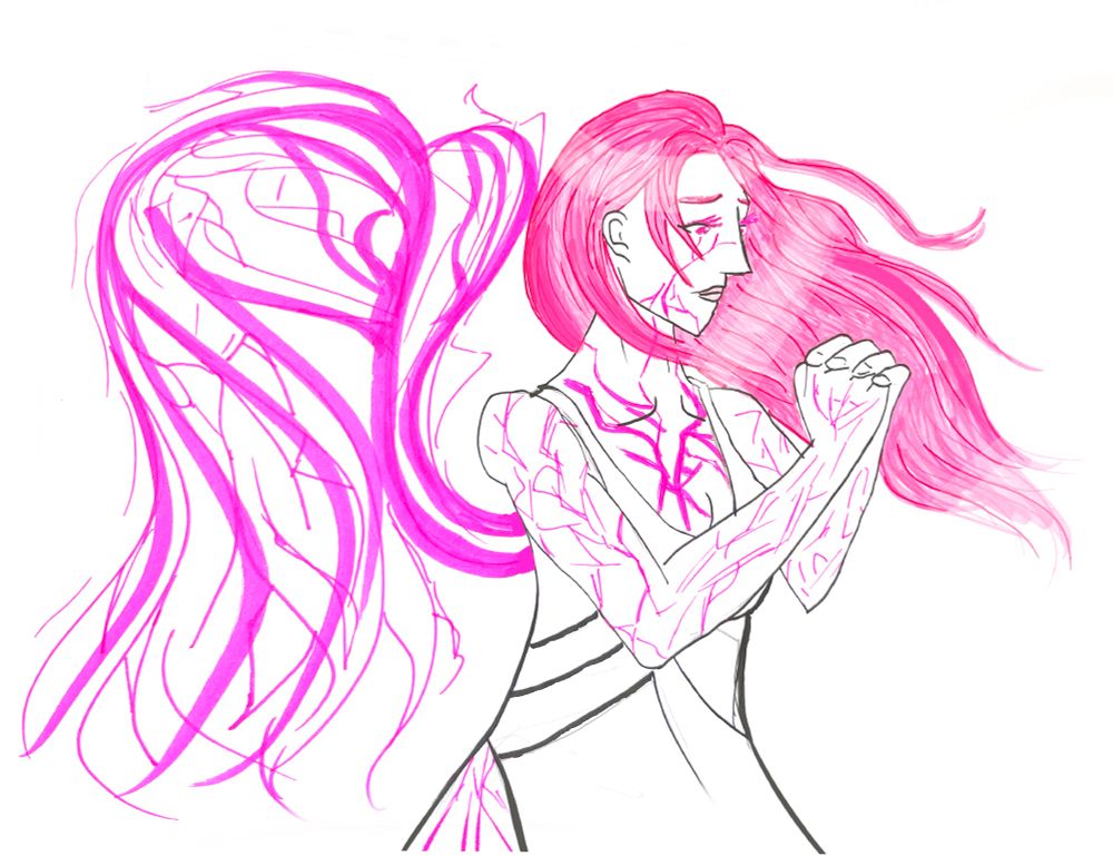 traditional art of a woman with her hands clasped in prayer. Her skin is cracked all over with vibrant pink scars, and pink blood-vessel wings burst from her back 