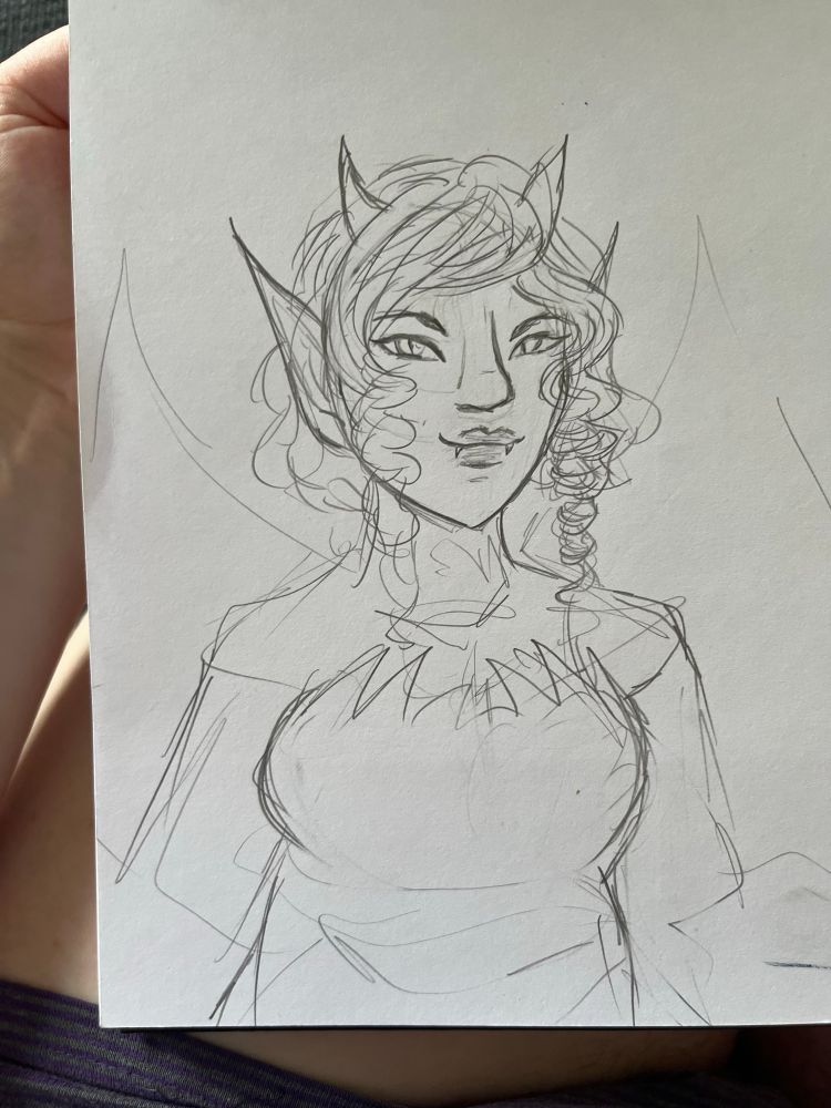a petite curvy tiefling woman with a smug expression and hair curled into ringlets. She has little horns and the implication of bat wings behind her 