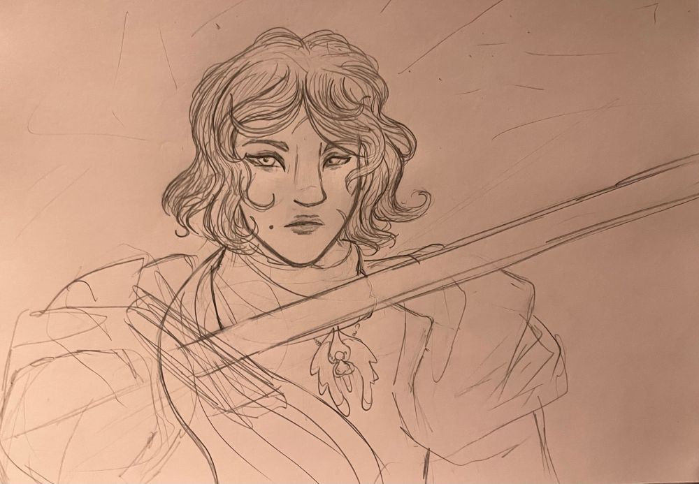 sketch of a woman with bob cut hair and tired eyes. There is implied heavy armor and a sword held in front of her, and she wears a holy symbol of Sarenrae