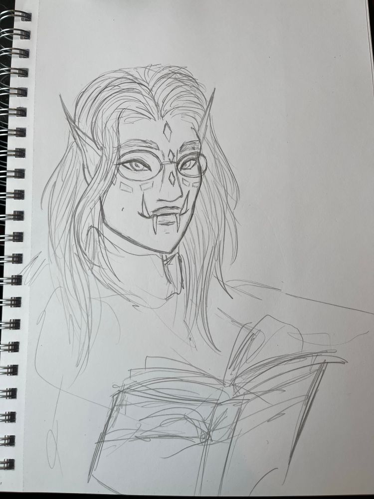 a half orc half drow woman reading a book. She wears glasses and has traditional orcish face paint marking her as a spirit-speaker. She has both fangs and tusks.
