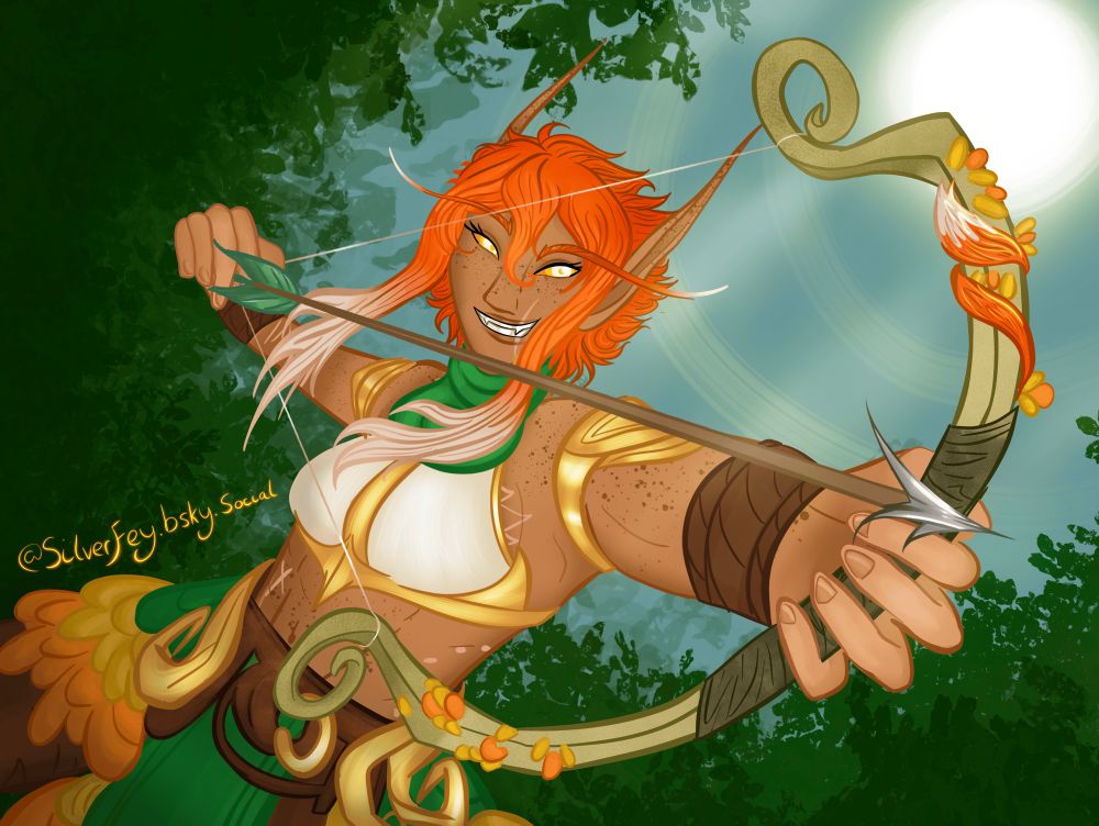 a halfbody illustration of an elf with orange and white hair, with a bow an arrow at full draw. She is grinning excitedly.