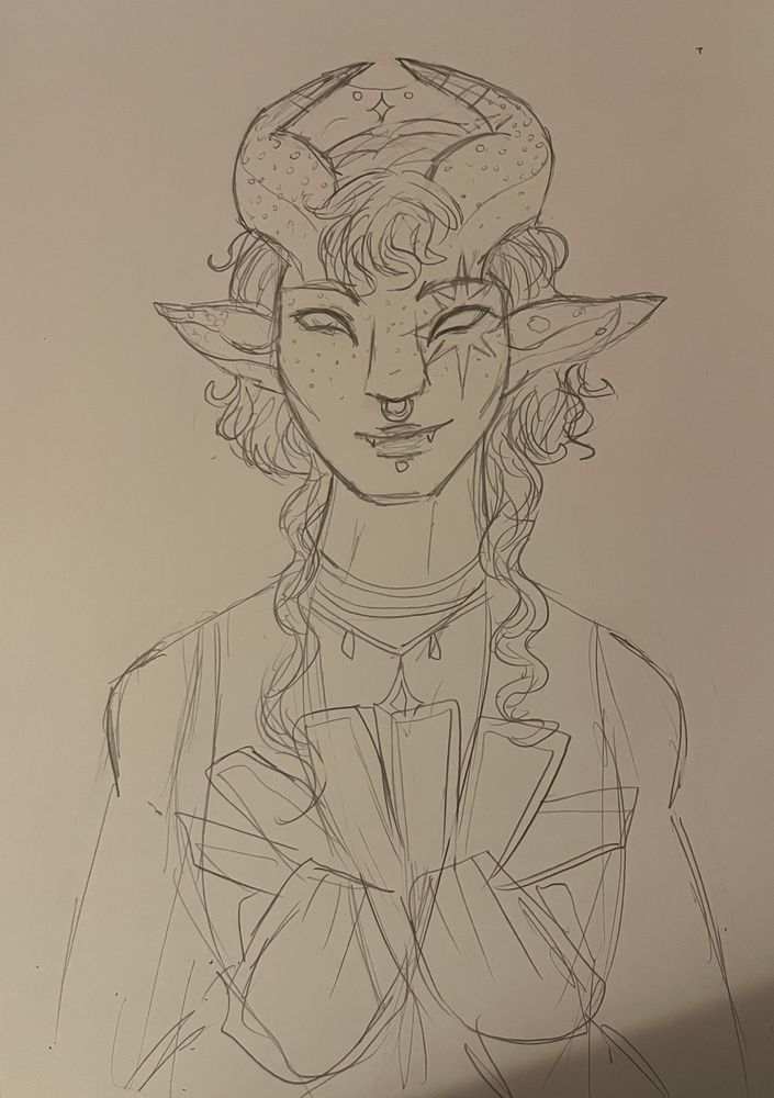 loose sketch of a tiefling with speckled skin and starry markings holding a fan of tarot cards out.