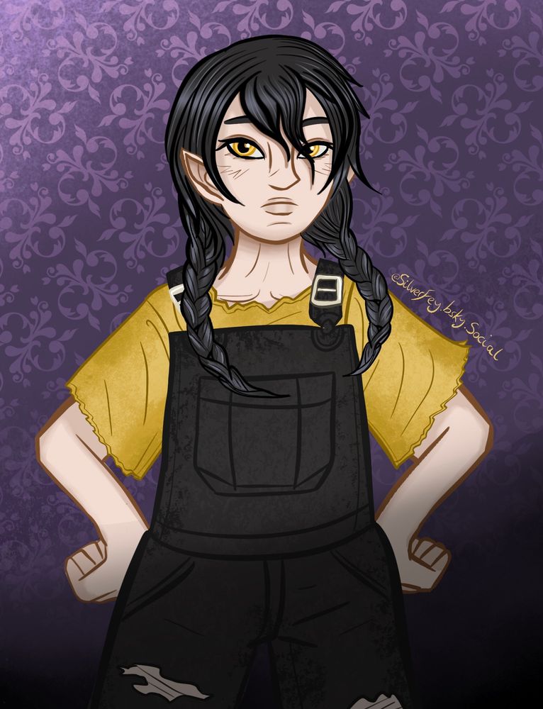 half body illustration of a young teen with black hair in braided pigtails, yellow eyes and pointy ears wearing black dungarees and a yellow shirt