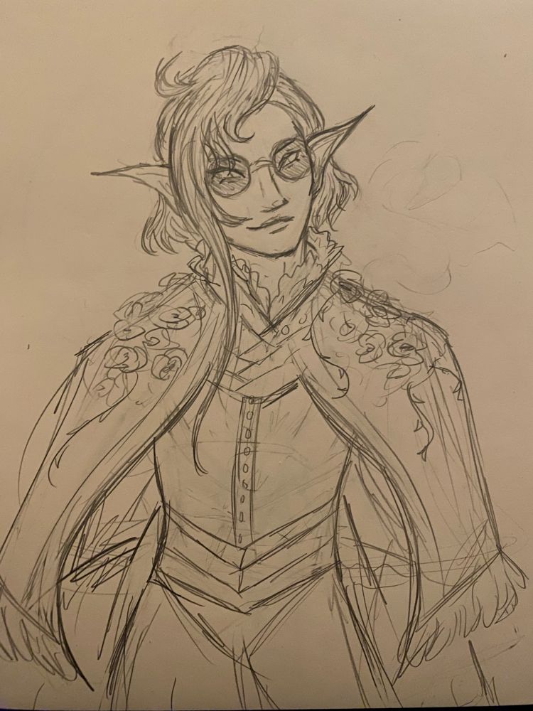 A pencil sketch of an elf with a bob cut wearing round shaded glasses. He has a slim short figure and wears a fancy cloak with rose designs.