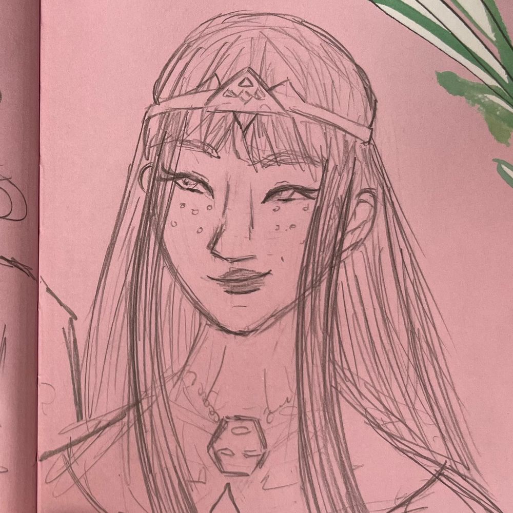 a girl with long straight hair wearing a circlet and gazing lovingly at someone off screen. She has sleepy eyes and distinct freckles.