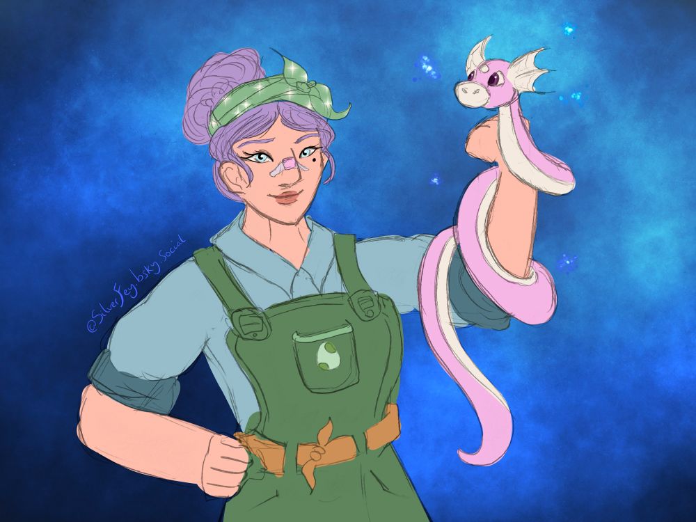 rough halfbody sketch of a Pokémon trainer with a shiny dratini on her arm. She has purple hair tied in a bun with a green headband.