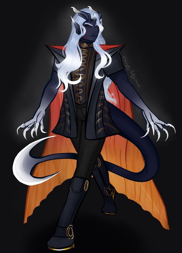 a full body illustration of a tiefling with dark blue-grey skin with glowing white hair, arms, horns and tail. He wears a high fashion coat with gold accents, and a sunburst cloak.