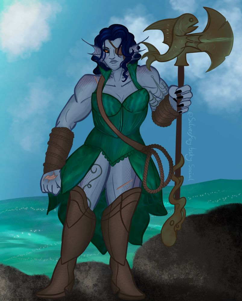 full body illustration of a triton woman with a bulky muscular figure, holding an axe. She wears a seaweed themed corseted dress and her leathers have themes of ship rigging