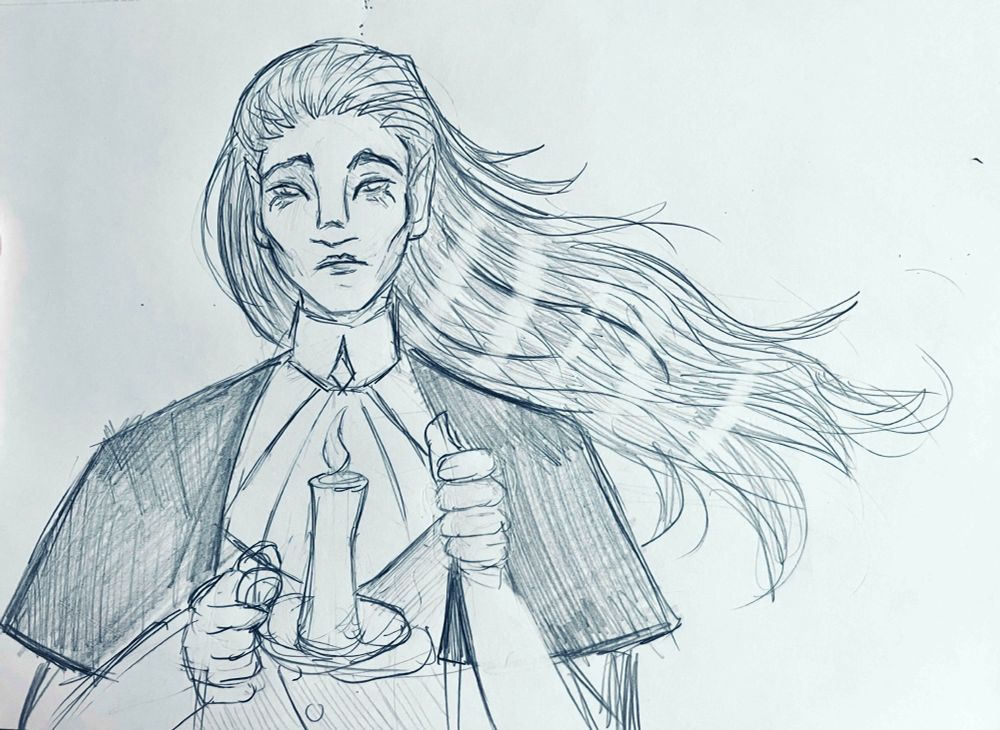 pencil sketch of a character in victorian-esque garb with long flowing hair, gaunt figure and a longing expression holding a candle