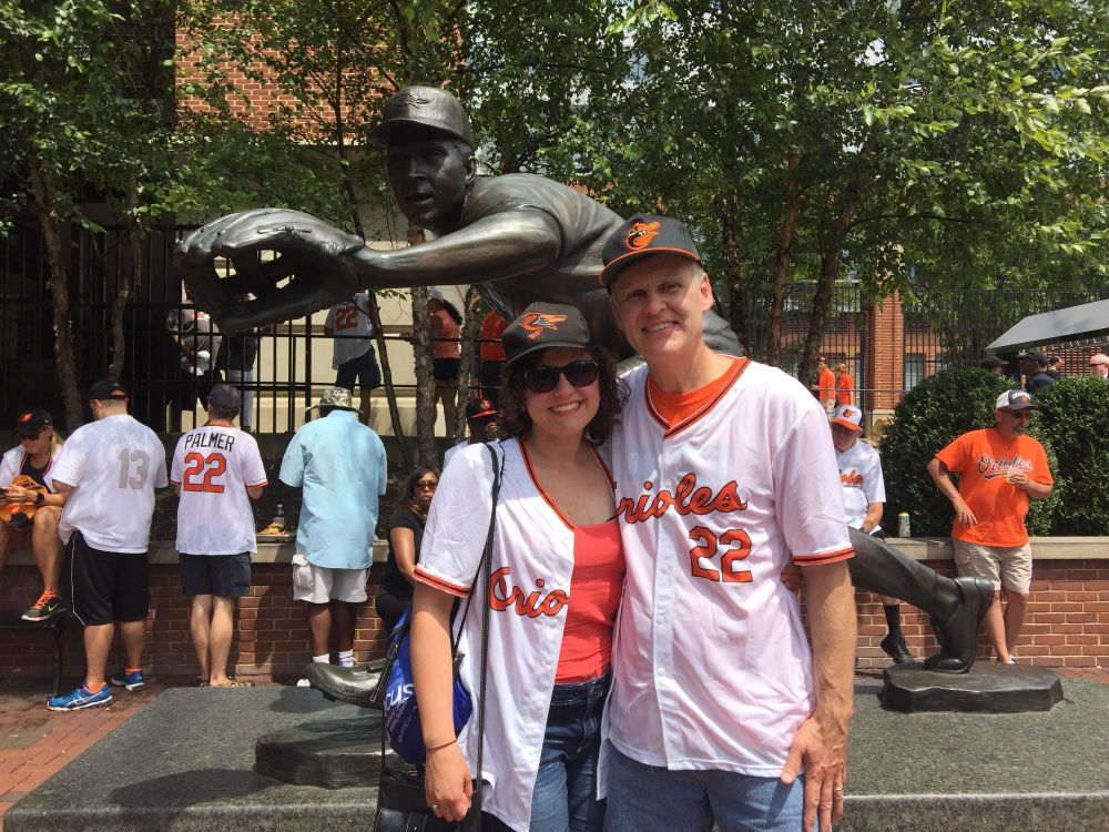 Emily and Dad with Jim Palmer jerseys in Orioles statue court