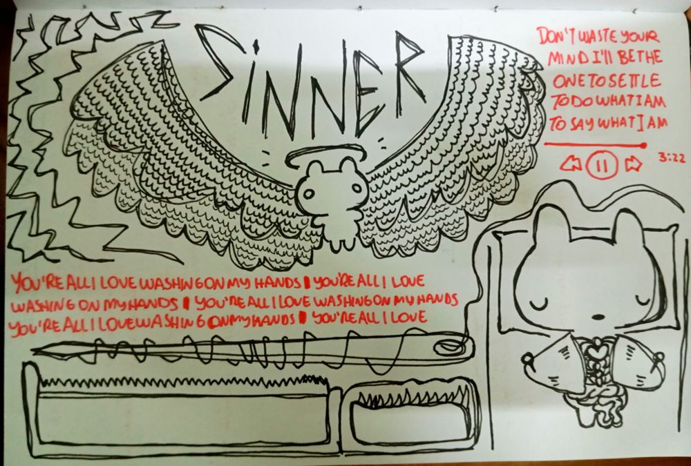 desenho no sketchbook de um coelho com asas e uma auréola, outro numa mesa sendo examinado com o torso aberto, letras de música, uma serra e uma agulha 