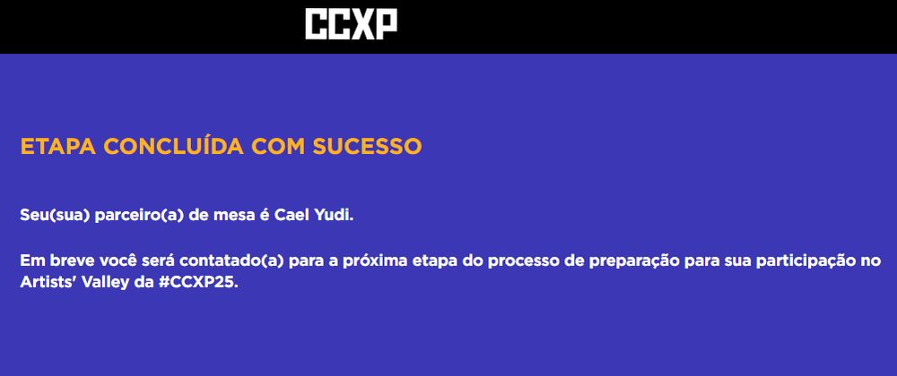 print da tela da ccxp indicando quem será meu parceiro de mesa; o artista cael yudi