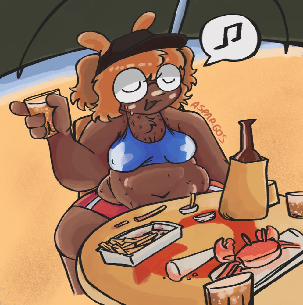 arte completa da aspargos na praia, com um copo de cerveja na mão sentada numa cadeira de plastico e com uma mesa na frente dela com comida de praia