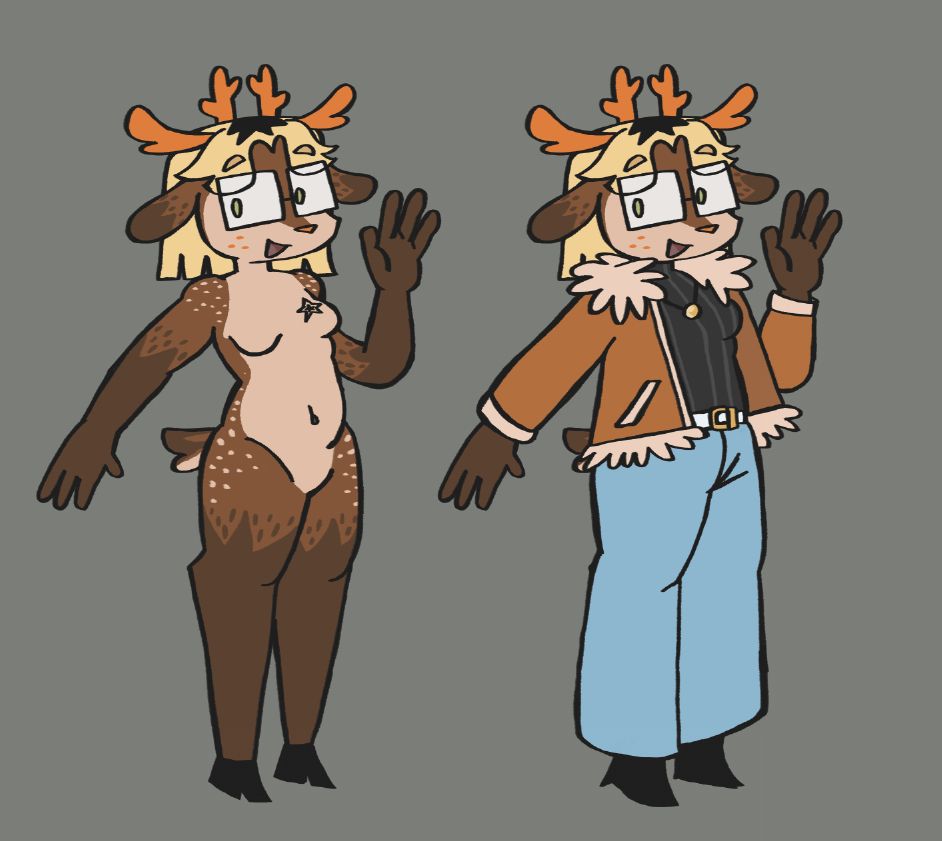 arte digital corpo todo de uma personagem cervo, uma versão sem roupas e outra com roupas ao lado