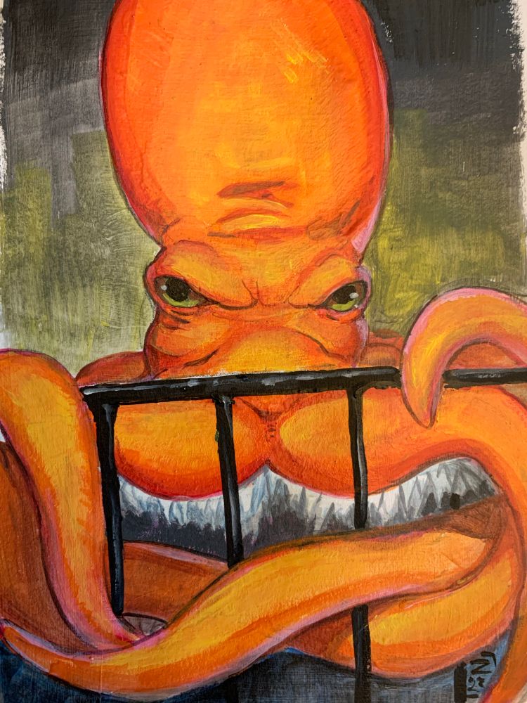 A photo of a painting of a grumpy looking orange octopus with green eyes and shaggy “fur” under its tentacles. It is sitting behind and somewhat wound around some black wire shelving.