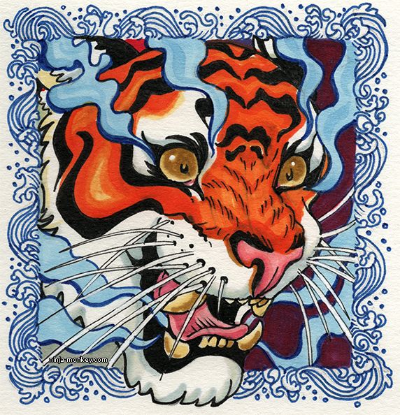 A marker and fineliner illustration of the water tiger for the Lunar New Year a couple years back. The bold orange, gold, and white tiger is snarling with mist pouring from its open mouth and eyes. It is surrounded by a border of stylized border representing waves.