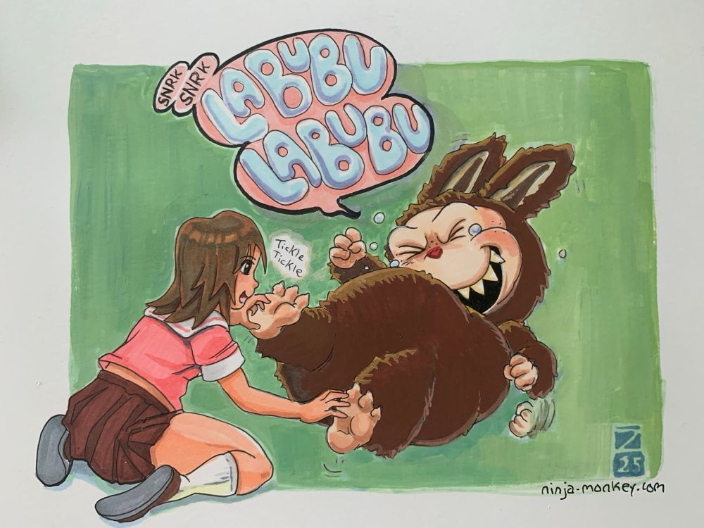 Picutred: A marker illustration of a girl in a pink and brown Japanese school girl costume kneeling as she tickles the feet of a big, furry monster. The monster is squirming and laughing with the text bubble “*snrk snrk* Labubu Labubu”