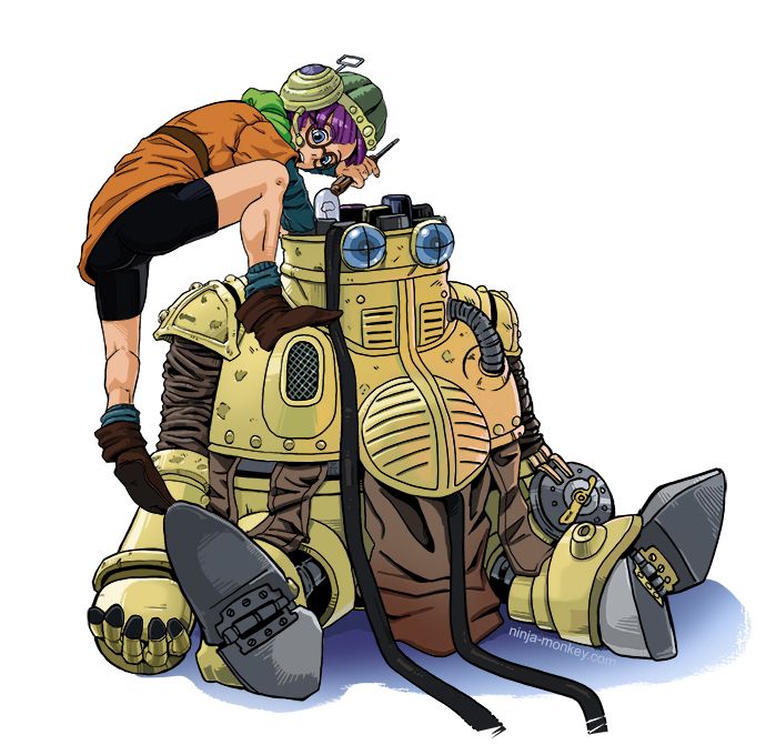 Digital fanart of Lucca from Chrono Trigger. She is a young engineer in an orange tunic, green helmet and scarf. Lucca has short, straight purple hair and glasses. She is standing on a robot's shoulder working on the components in his head.