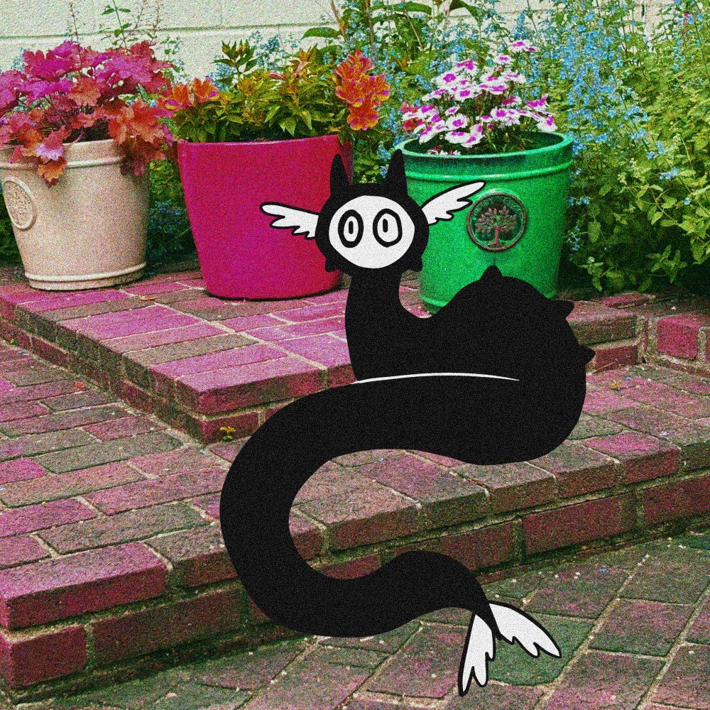 A HYBRID with a dragon-like appearance resting in a colorful garden. 