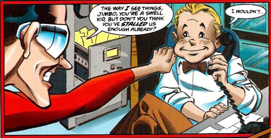 Plas talks to Jimmy Olsen… who has a very goofy cartoony look about him. Unfortunately, it’s a bit uncanny. This would’ve been a perfect spot for simpler colors to emphasize the cartoony nature, because with colors that match the rest of the book, it just doesn’t look right.