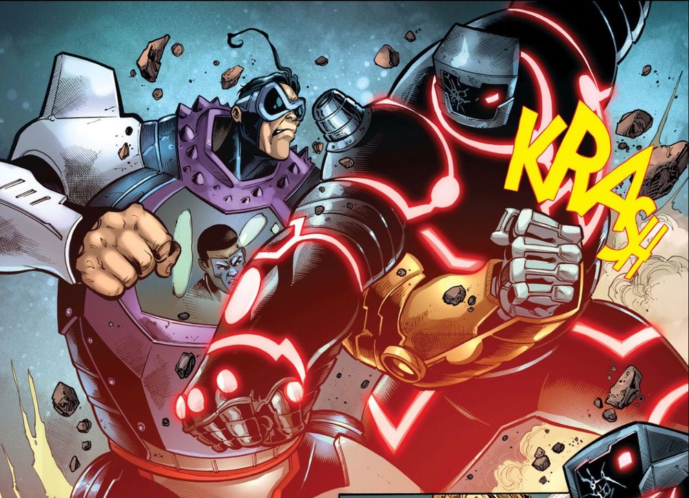 Plastic Man & Metamorpho fused as a giant robot piloted by Mr. Terrific, from Terrifics 30, Art by Sergio Davila, inks by Vicente Cifuentes, colors by Protobunker 