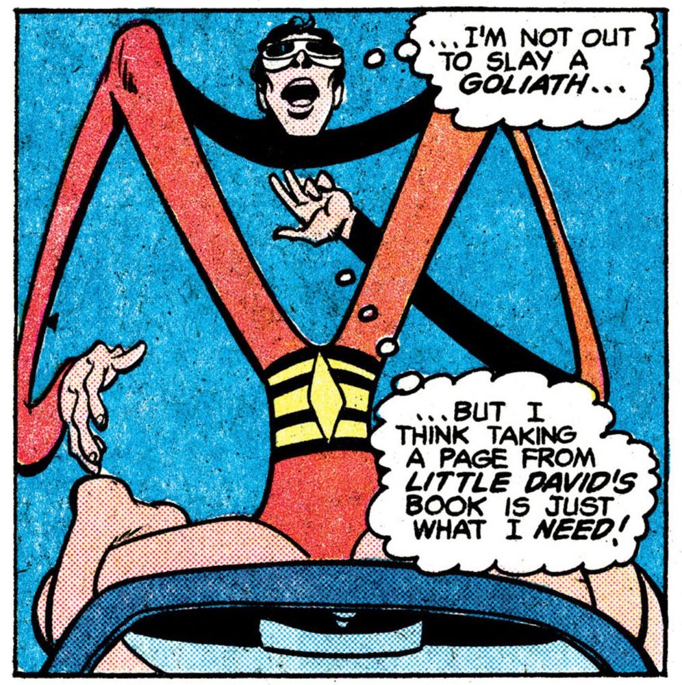 Plastic Man as a slingshot from Adventure Comics 471. Art by Joe Staton, inks by Bob Smith, colors by Glynis Oliver