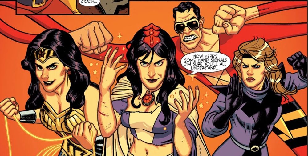 Wonder Woman, Zatanna, Black Canary, and Plastic Man from Black Canary & Zatanna: Bloodspell. Art by Joe Quinones, colors by Dave McCaig