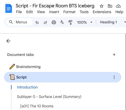 Script - Fir Escape Room BTS Iceberg

Document Tabs:
Brainstorming
Script

Inside the script tab are various headers:
Introduction
Sublayer 0 - Surface Level (Summary)
The 10 Rooms