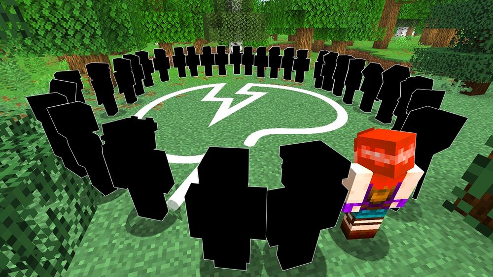 A circle of anonymous black Minecraft characters standing in a circle around the Mindcrack logo, with Phedran's Minecraft character as well.