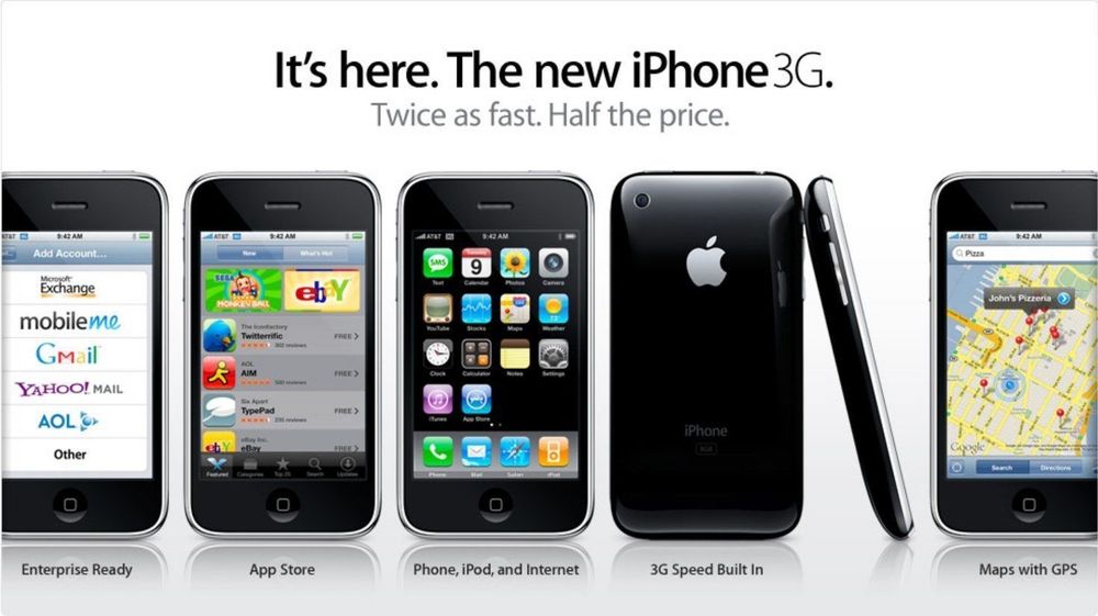 iPhone 3G page on Apple's website from 2008. It reads "It's here. The new iPhone 3G. Twice as fast. Half the price."