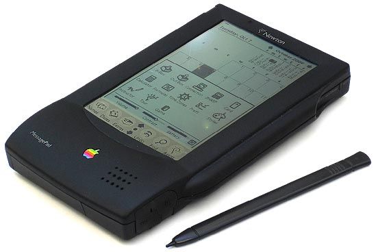 an original Apple Newton MessagePad with its stylus.