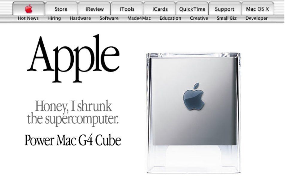 A PowerMac G4 cube banner on Apple's website from 2000. It reads: "Honey, I shrunk the supercomputer." Underneath is the text "PowerMac G4 Cube."