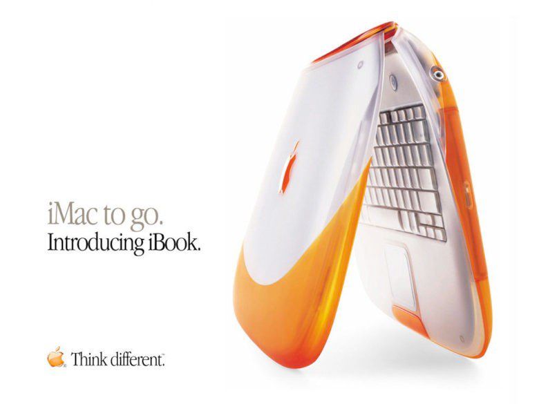 An ad for the original iBook. Shown on the right is a Tangerine iBook G3 Clamshell. The text on the left reads "iMac to go. Introducing iBook." At the bottom is the Apple logo colored in orange, with the company's slogan from the time: "Think different."