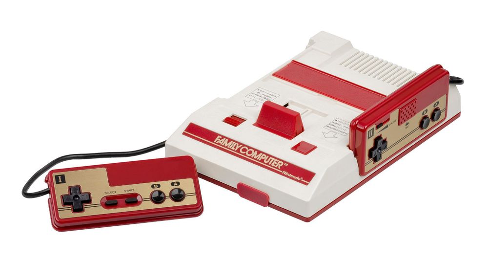 a Nintendo Famicom with controllers.