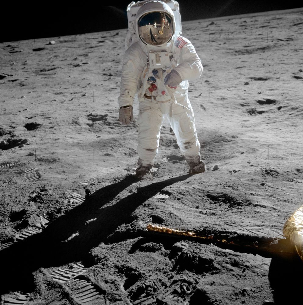 Buzz Aldrin standing on the Moon, photographed by Neil Armstrong.