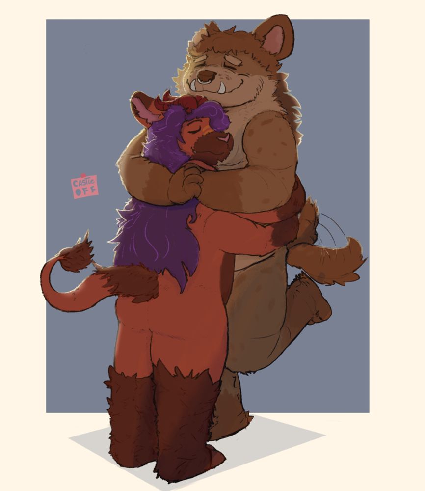 Uma dragão e uma hiena em um abraço bem apertado, a hiena com seu rabo abanando está bem contente e feliz com abraço.
e a dragão afunda seu rosto em seu peito no abraço bem apertado com uma expressão bem relaxada 