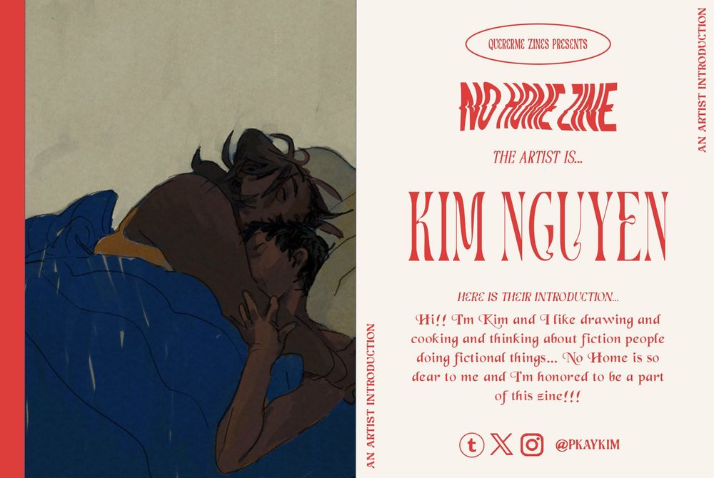 Artist introduction for our No Home themed fanzine. On the left is a work by the artist, and on the right is the artist's information.
