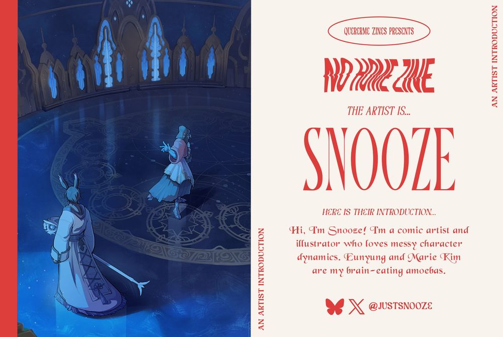 Artist introduction for our No Home themed fanzine. On the left is a work by the artist, and on the right is the artist's information.
